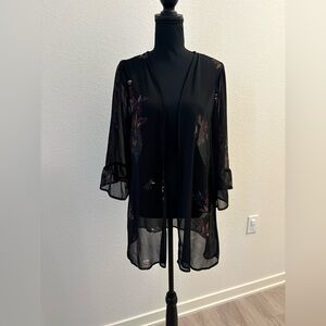 Black Sheer Cardigan with Printed Cross-Stitch Pattern